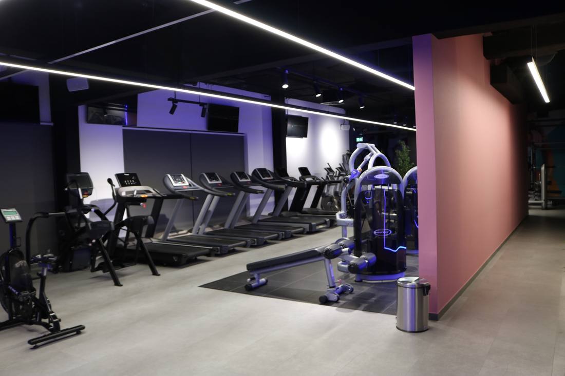 Row of treadmills beside a pink feature wall